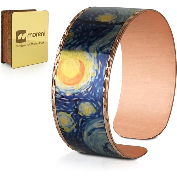 Handcrafted Copper Bracelet with Starry Night Engraving - Artful Cuff for All - Picture 1 of 6